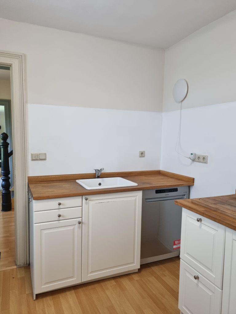 Blick in die Küche mit Spüle und Spülmaschine. Nicht im Bild ist der große Kühlschrank.